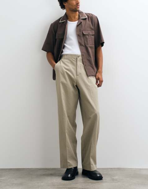ASOS DESIGN tailored wide leg trousers in light khaki seersucker with elasticated waist