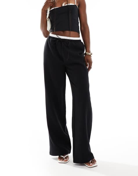 ASOS DESIGN tailored wide leg trousers with contrast waistband in black - view 1