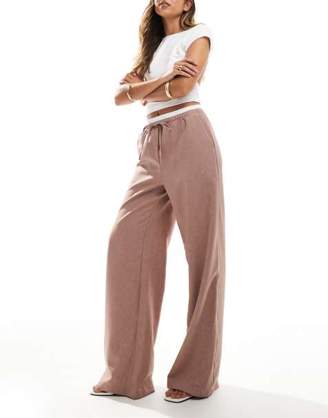 ASOS DESIGN tailored wide leg trousers with contrast waistband in mink - view 1