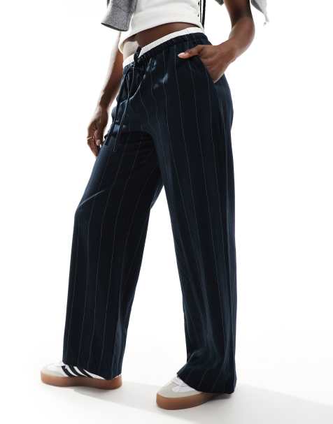 ASOS DESIGN tailored wide leg trousers with contrast waistband in navy stripe - view 1