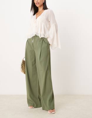 ASOS DESIGN tailored wide leg trousers with cross over pleat detail in khaki-Green