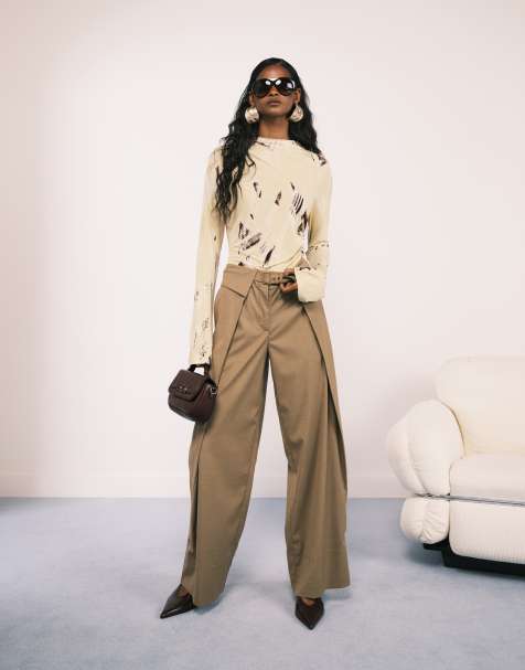 ASOS DESIGN tailored wide leg trousers with fold over waistband detail  in camel - view 1