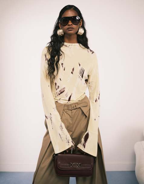 ASOS DESIGN tailored wide leg trousers with fold over waistband detail  in camel - view 1