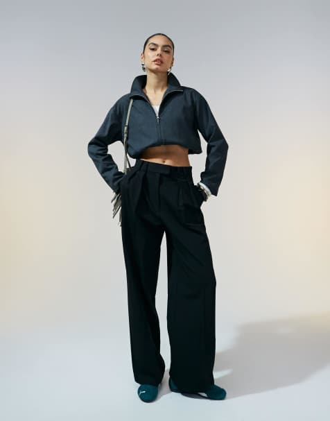 ASOS DESIGN tailored wide leg trousers with pleat detail in black