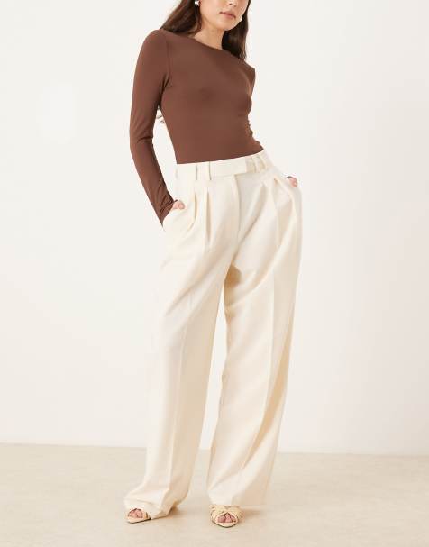ASOS DESIGN tailored wide leg trousers with pleat detail in cream - view 1
