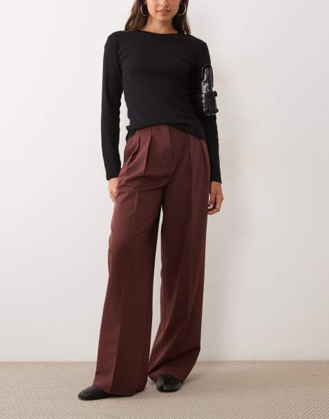 ASOS DESIGN Tailored wide leg trousers with pleat detail in deep brown - view 1