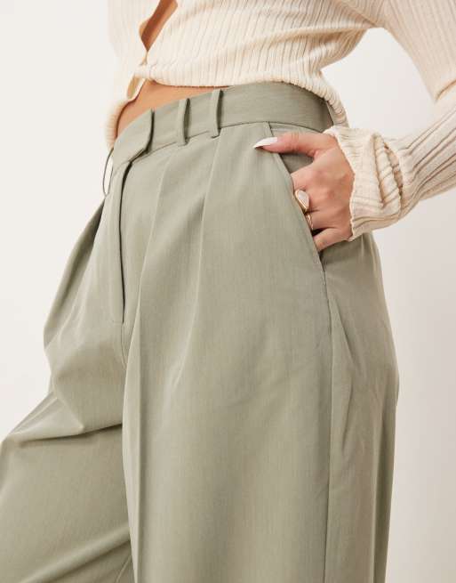 ASOS DESIGN tailored wide leg pants with pleat detail in khaki