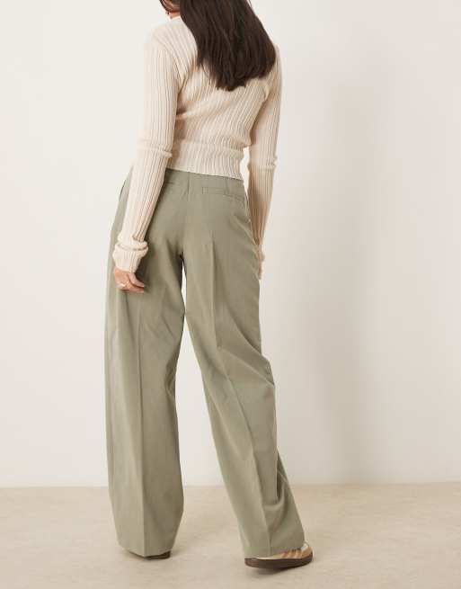 ASOS DESIGN tailored wide leg pants with pleat detail in khaki