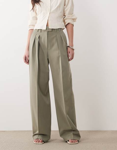 ASOS DESIGN tailored wide leg trousers with pleat detail in khaki