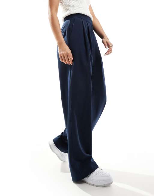 ASOS DESIGN tailored wide leg trousers with pleat detail in navy ASOS