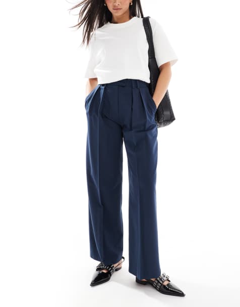 ASOS DESIGN tailored wide leg trousers with pleat detail in navy