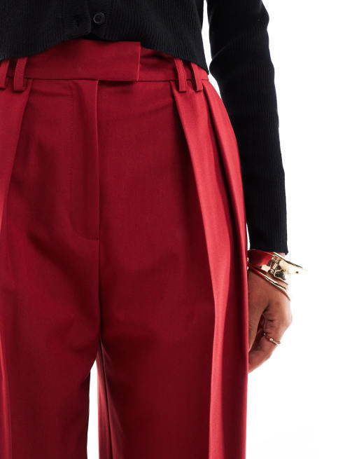 ASOS DESIGN tailored wide leg trousers with pleat detail in red, 2 of 5
