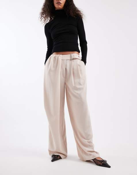 ASOS DESIGN tailored wide leg trousers with pleat overlay & belt detail in cream - view 1