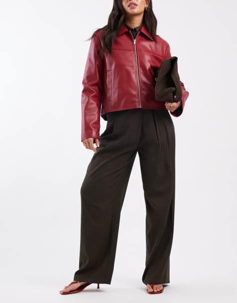 ASOS DESIGN tailored wide leg trousers with wrap tie detail in brown herringbone - view 1