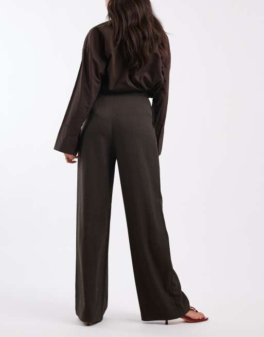 ASOS DESIGN tailored wide leg trousers with wrap tie detail in brown herringbone, 3 of 5