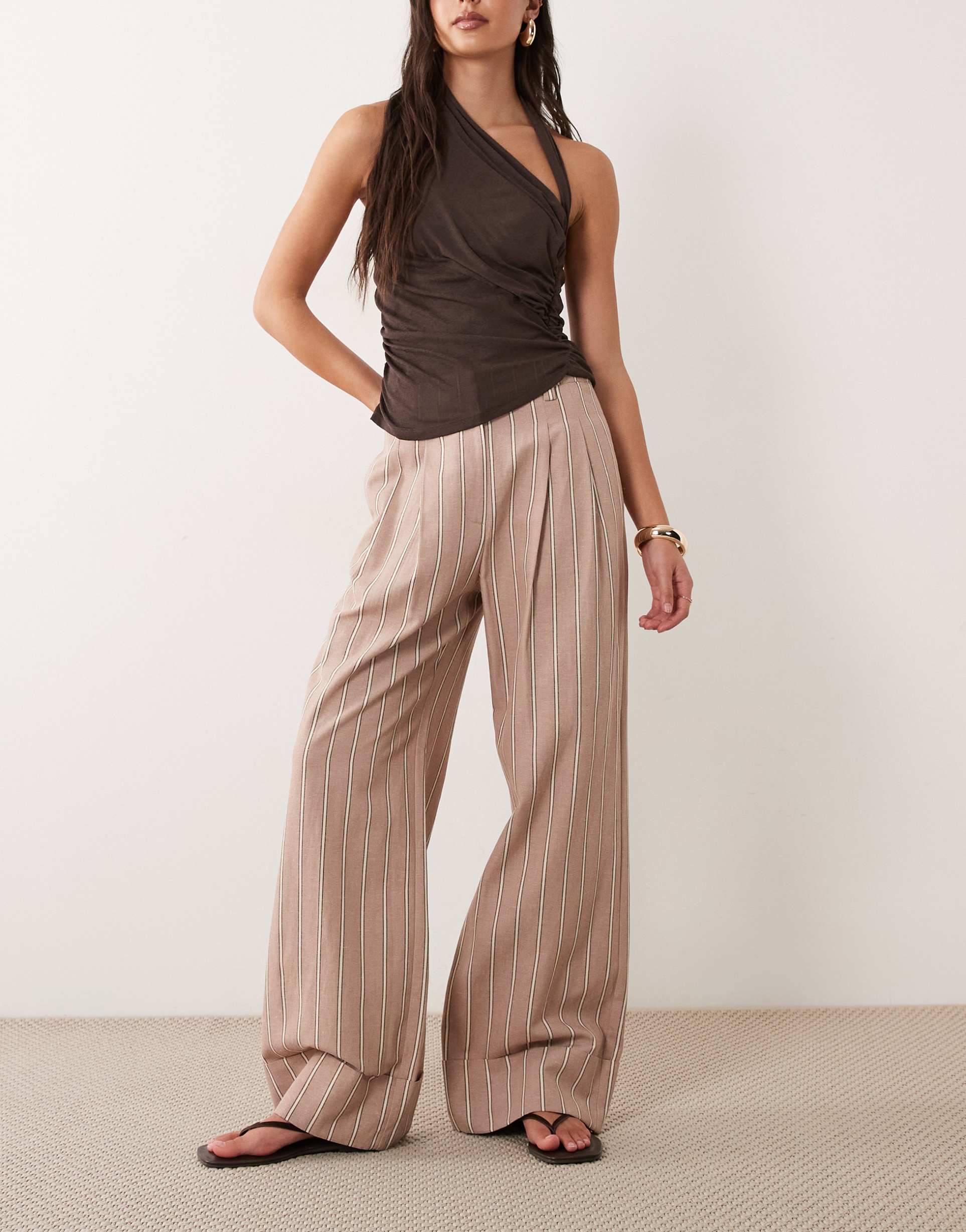 asos design tailored wide leg turn-up pants with linen in mink stripe