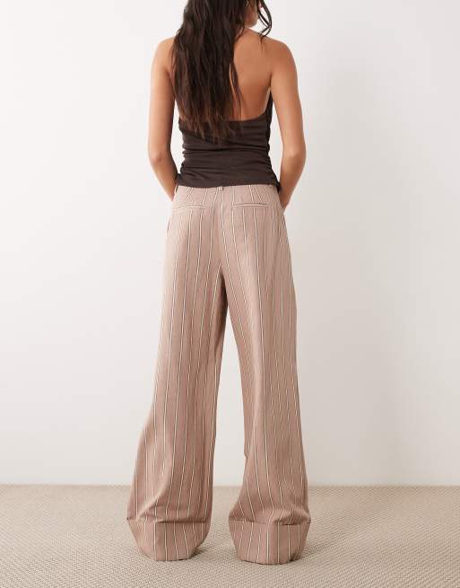 ASOS DESIGN tailored wide leg turn up pants with linen in mink stripe , 3 of 5