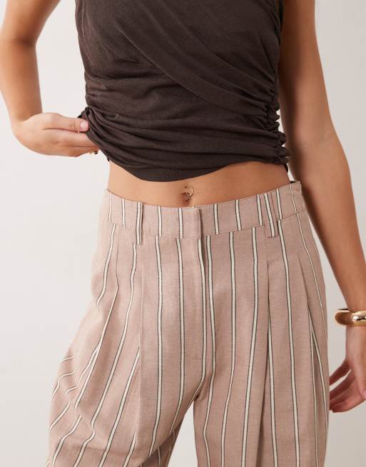 ASOS DESIGN tailored wide leg turn up pants with linen in mink stripe , 4 of 5
