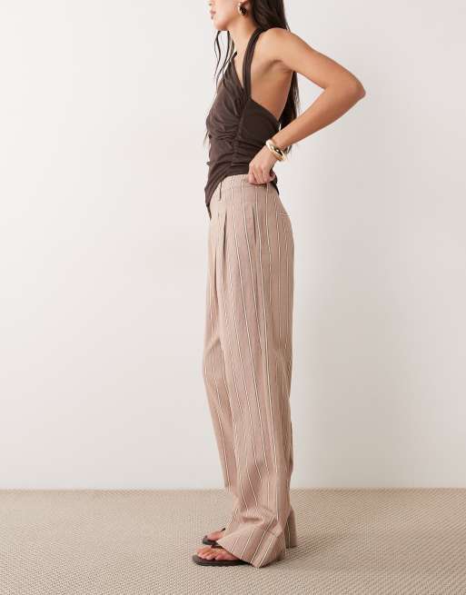 ASOS DESIGN tailored wide leg turn up pants with linen in mink stripe , 5 of 5