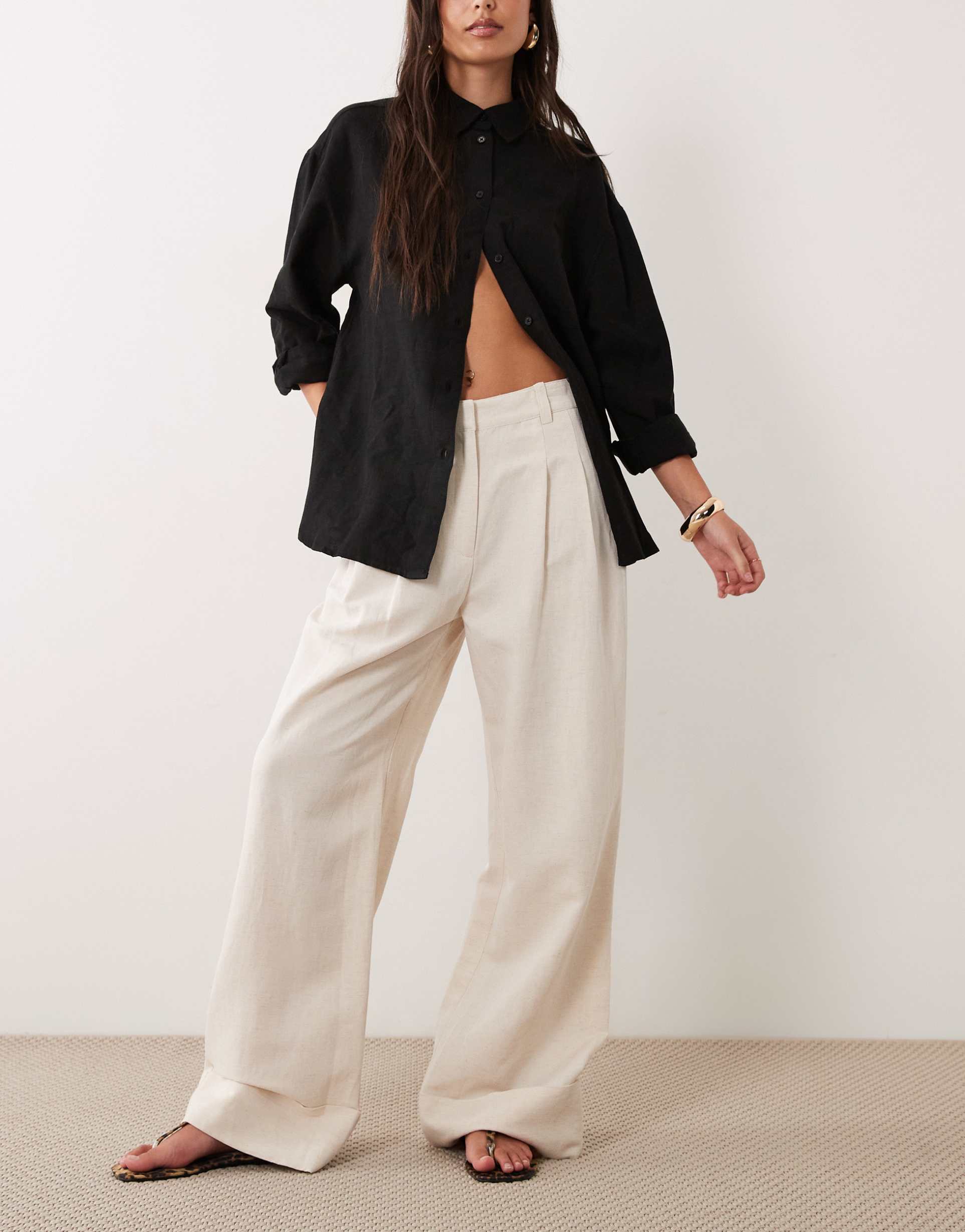 asos design tailored wide leg turn-up pants with linen in natural
