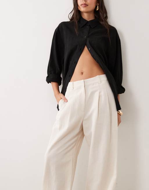 ASOS DESIGN tailored wide leg turn up pants with linen in natural , 4 of 5