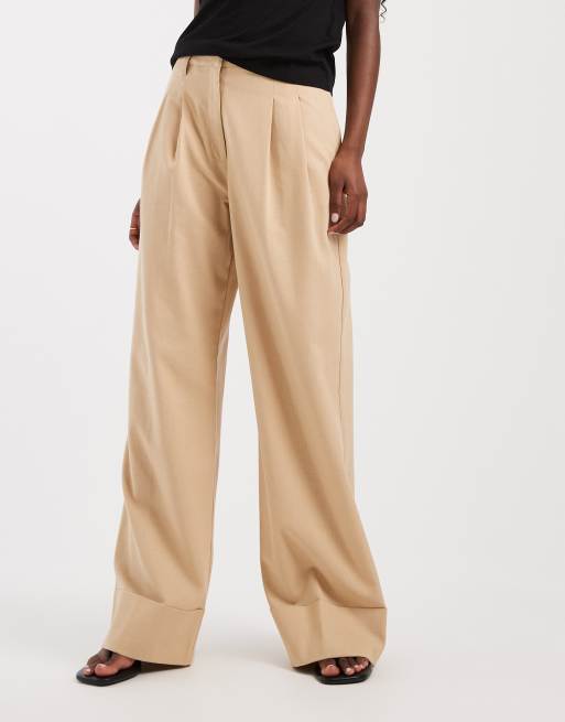 ASOS DESIGN tailored wide leg turn up pants with linen look in beige, 2 of 5