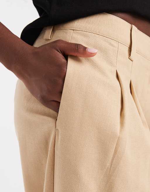 ASOS DESIGN tailored wide leg turn up pants with linen look in beige, 5 of 5