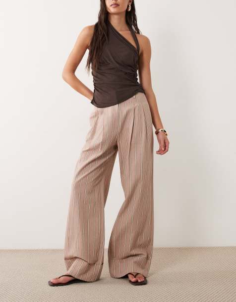 ASOS DESIGN tailored wide leg turn up trousers with linen in mink stripe 