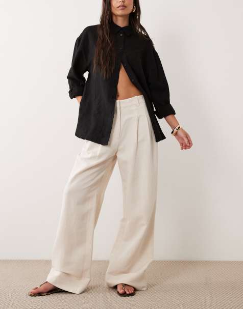 ASOS DESIGN tailored wide leg turn up trousers with linen in natural 