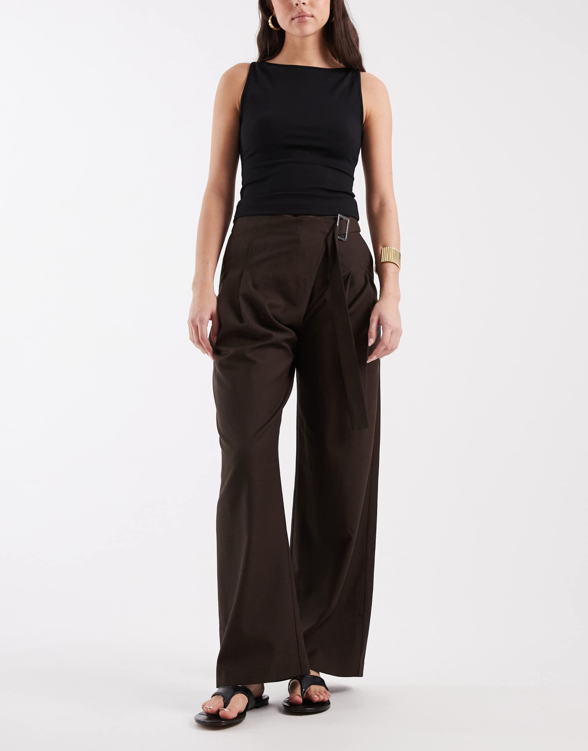 asos design tailored wide leg wrap front pants with buckle detail in chocolate