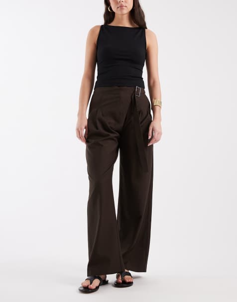 ASOS DESIGN tailored wide leg wrap front trousers with buckle detail in chocolate - view 1