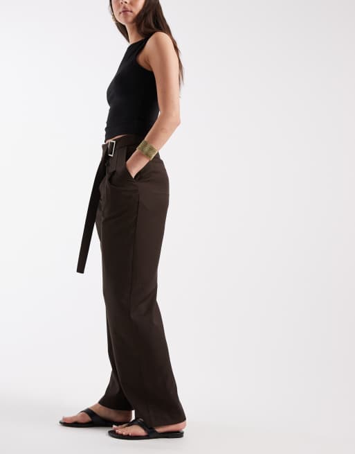 ASOS DESIGN tailored wide leg wrap front trousers with buckle detail in chocolate, 2 of 5