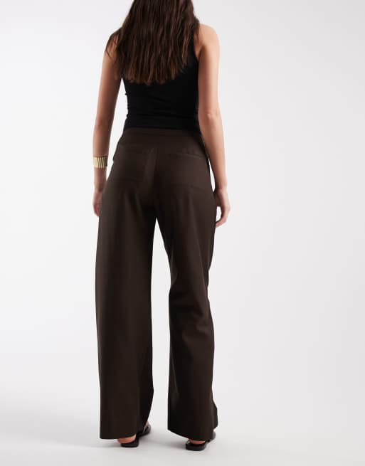 ASOS DESIGN tailored wide leg wrap front trousers with buckle detail in chocolate, 3 of 5