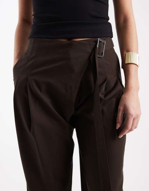 ASOS DESIGN tailored wide leg wrap front trousers with buckle detail in chocolate, 4 of 5