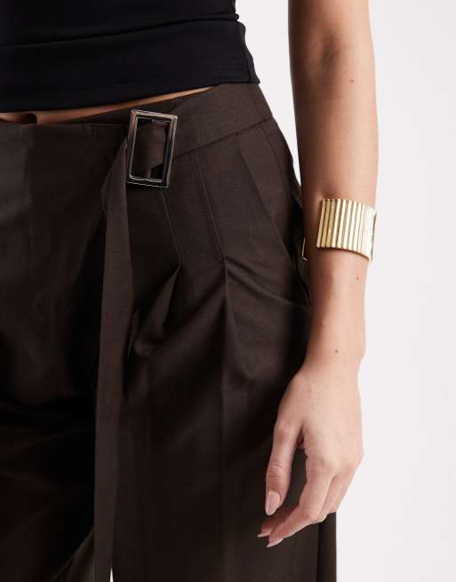 ASOS DESIGN tailored wide leg wrap front trousers with buckle detail in chocolate, 5 of 5