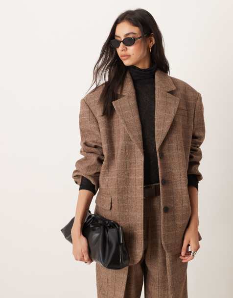 ASOS DESIGN Tailored wool blend oversized double breasted blazer in herringbone brown check - view 1