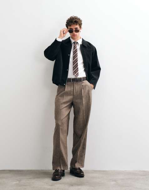 ASOS DESIGN tailored wool blend pleated straight leg pants in dark brown herringbone - view 1