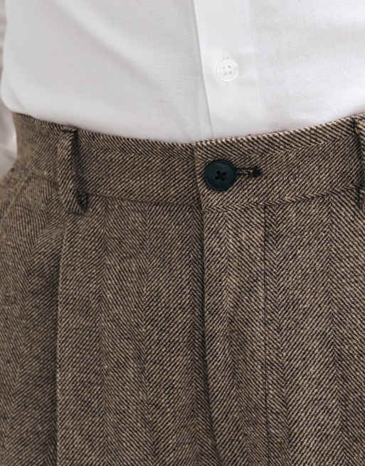 ASOS DESIGN tailored wool blend pleated straight leg trousers in dark brown herringbone, 2 of 5