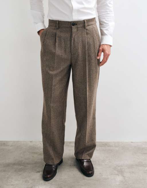 ASOS DESIGN tailored wool blend pleated wide leg pants in dark brown herringbone, 4 of 5