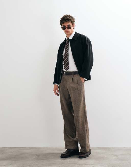 ASOS DESIGN tailored wool blend pleated wide leg trousers in dark brown herringbone, 5 of 5