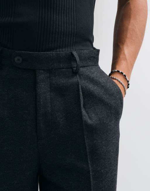 ASOS DESIGN tailored wool blend relaxed tapered pants in black herringbone, 3 of 5