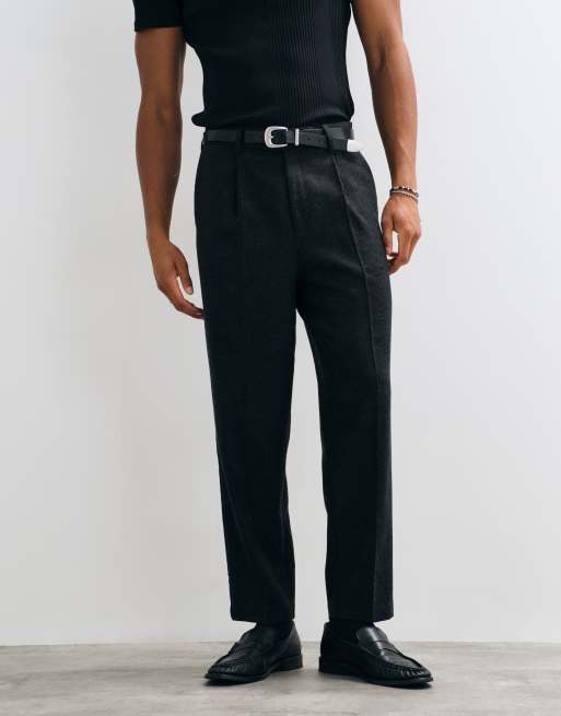 ASOS DESIGN tailored wool blend relaxed tapered trousers in black herringbone, 2 of 5