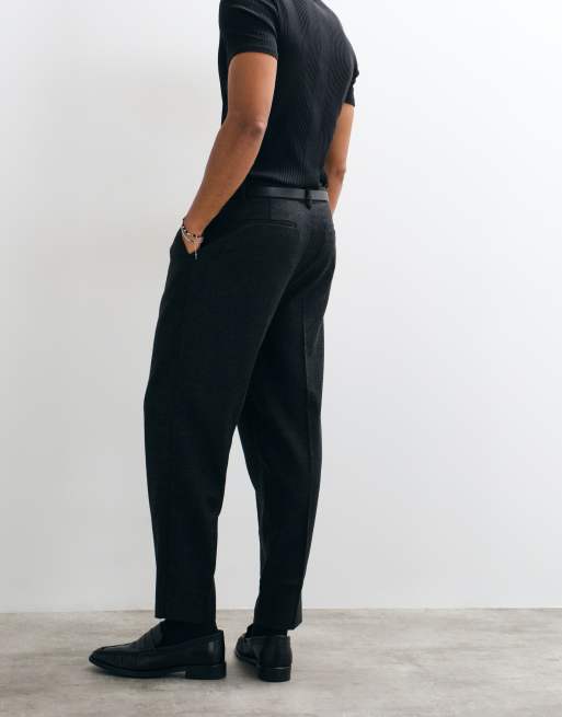 ASOS DESIGN tailored wool blend relaxed tapered trousers in black herringbone, 5 of 5