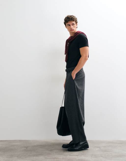 ASOS DESIGN tailored wool blend wide barrel leg pants in charcoal microtexture, 5 of 5