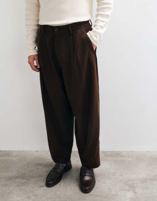 ASOS DESIGN tailored wool blend wide barrel leg pants in dark brown microtexture, 4 of 5