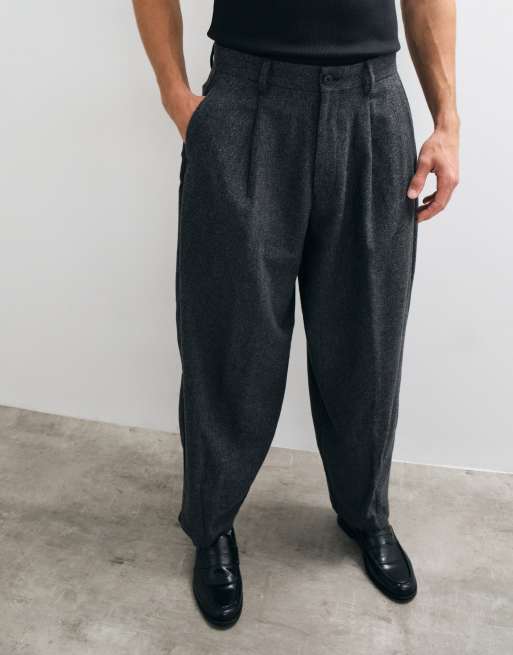 ASOS DESIGN tailored wool blend wide barrel leg trousers in charcoal microtexture, 4 of 5
