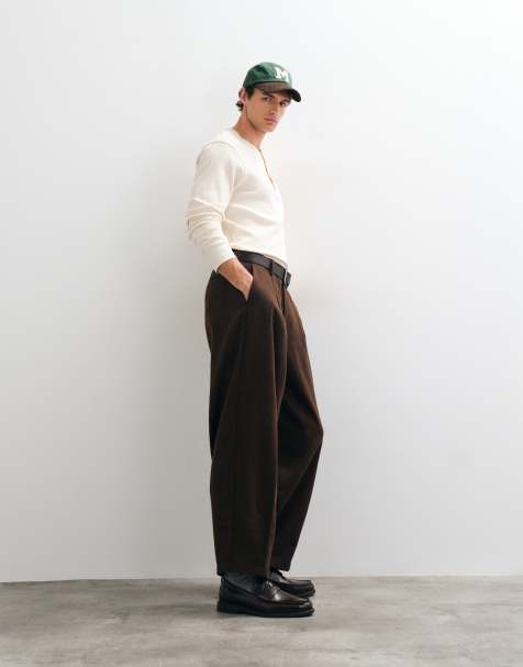 ASOS DESIGN tailored wool blend wide barrel leg trousers in dark brown microtexture - view 1