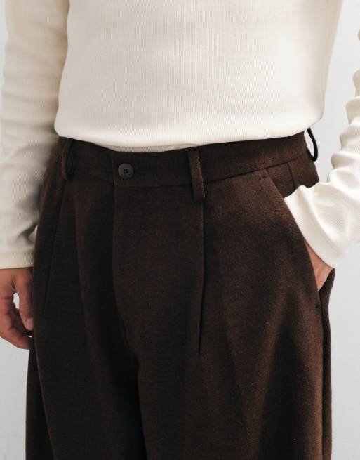 ASOS DESIGN tailored wool blend wide barrel leg trousers in dark brown microtexture, 2 of 5