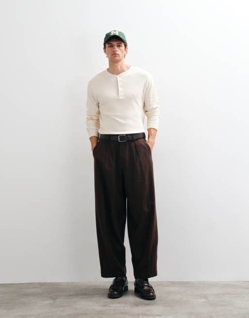 ASOS DESIGN tailored wool blend wide barrel leg trousers in dark brown microtexture, 3 of 5