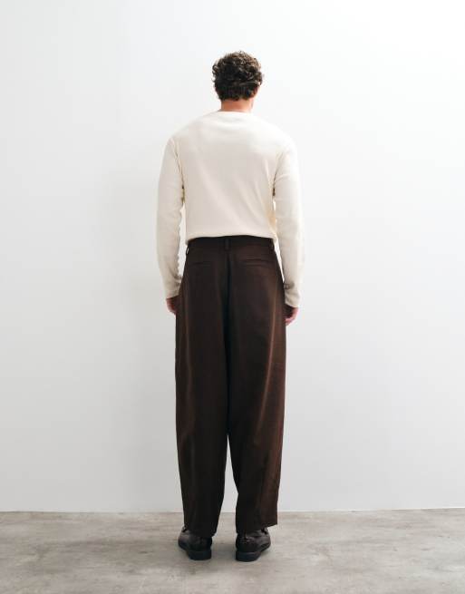 ASOS DESIGN tailored wool blend wide barrel leg trousers in dark brown microtexture, 5 of 5